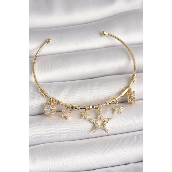 Pirinç Gold Renk Sallantı Zirkon Taşlı Yıldız Model Kalp Detay Charm Kadın Bileklik