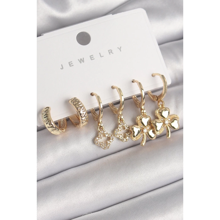 Pirinç Gold Renk Sallantı Zirkon Taşlı Yonca Model Kadın Küpe Seti