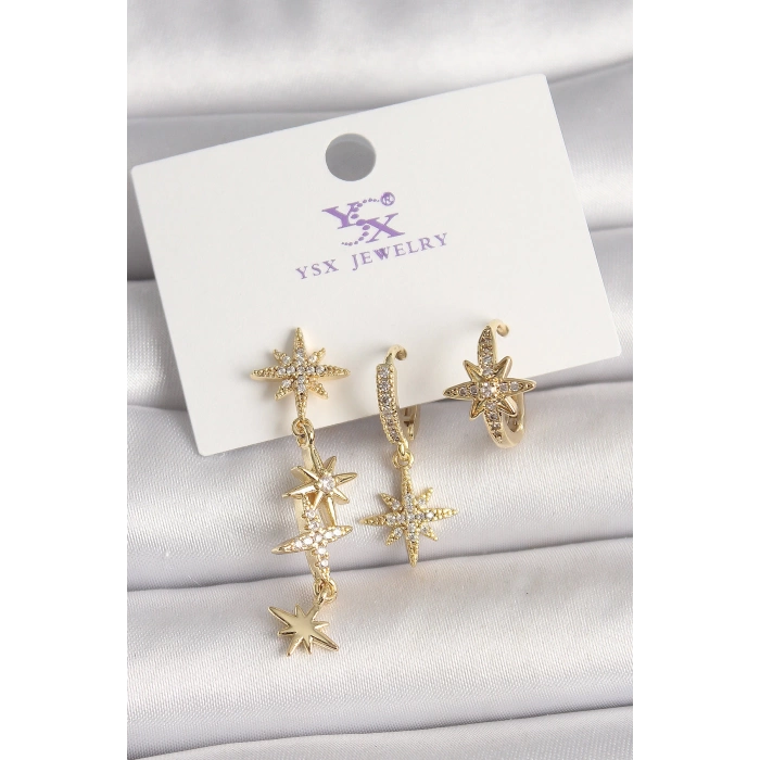 Pirinç Gold Renk Sallantı Zirkon Taşlı Zirkon Taşlı Kutup Yıldız Model 3Lü Kadın Kombin Küpe