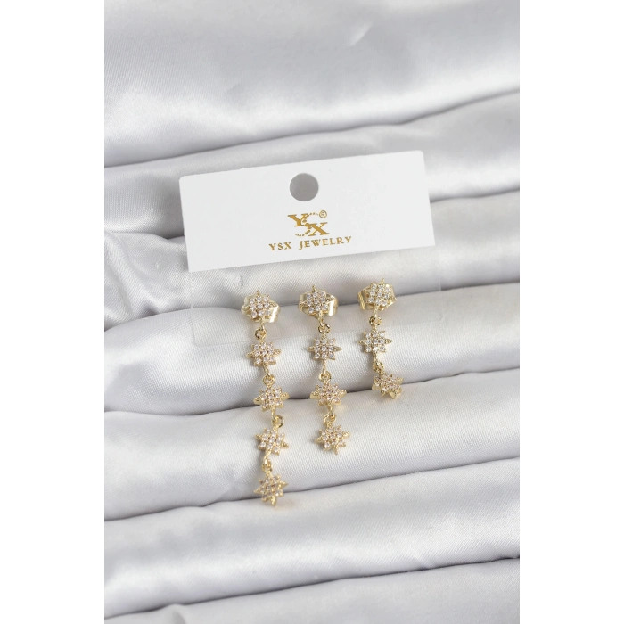 Pirinç Gold Renk Sıralı Kutup Yıldızı Model 3lü Kadın Küpe