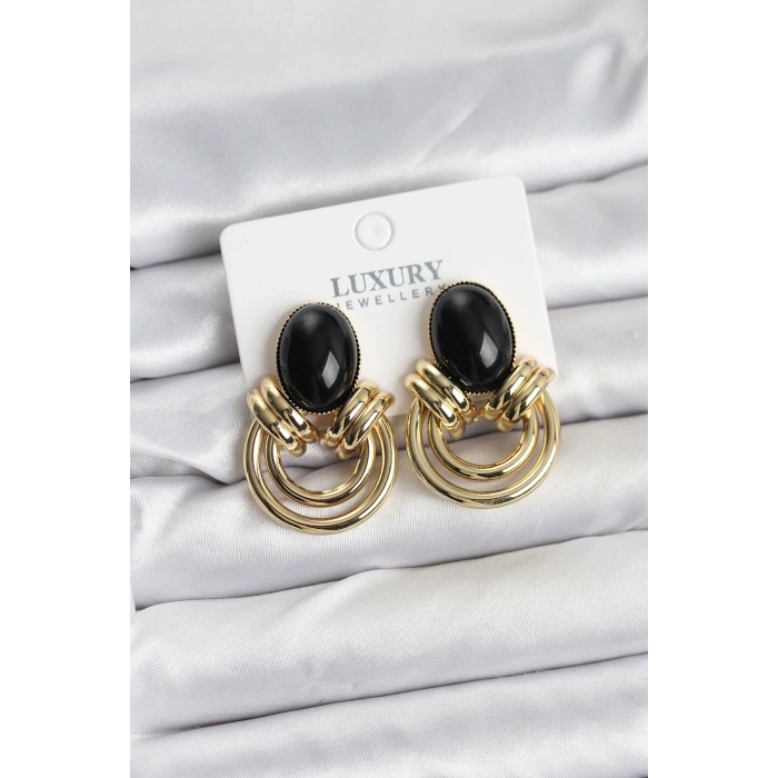 Pirinç Gold Renk Siyah Taşlı Vintage Kadın Küpe