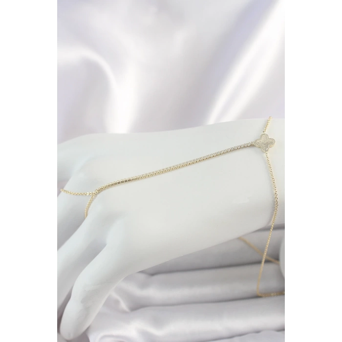 Pirinç Gold Renk Su Yolu Zirkon Taşlı Yonca Model Kadın Şahmeran