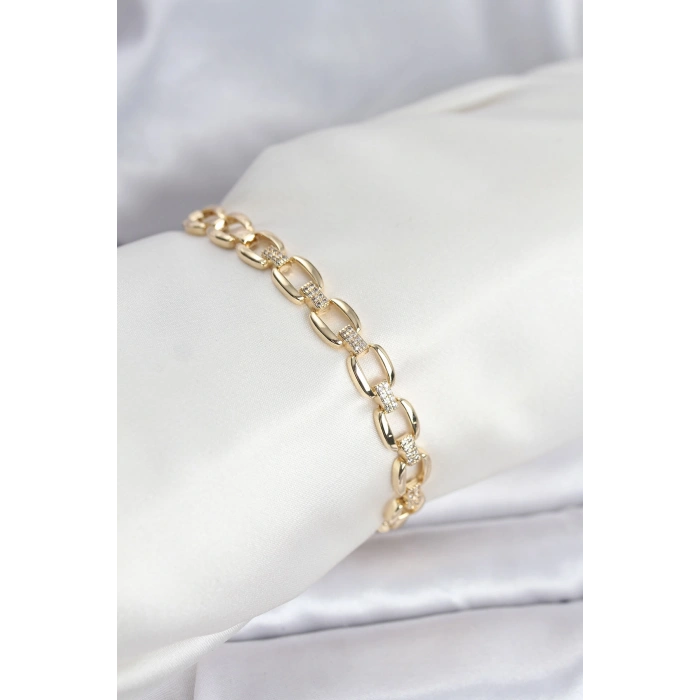 Pirinç Gold Renk VIP Seri Zincir Model Zirkon Taşlı Kadın Bileklik