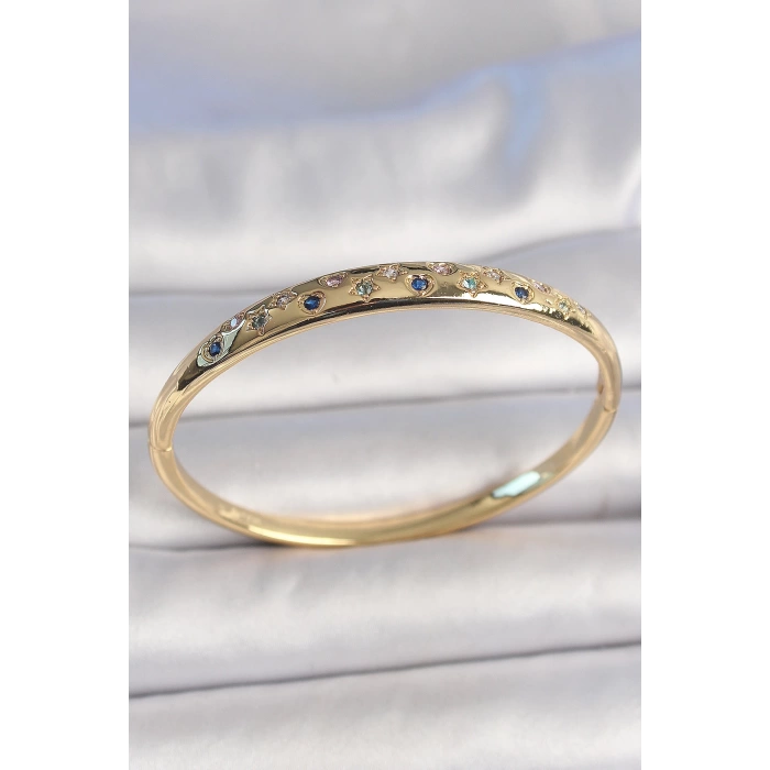 Pirinç Gold Renk Yıldız İşlemeli Zirkon Taşlı Kadın Kelepçe