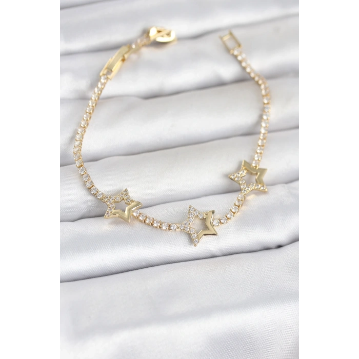 Pirinç Gold Renk Yıldız Model Zirkon Taşlı Su Yolu Kadın Bileklik