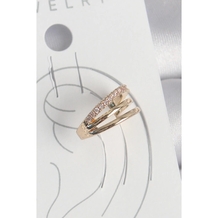 Pirinç Gold Renk Zirkon Taşlı 3Lü Sıralı Model Kadın Kıkırdak Küpe