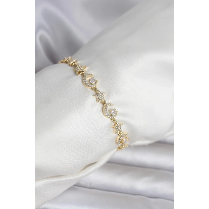 Pirinç Gold Renk Zirkon Taşlı Ay ve Yıldız Model Kadın Bileklik