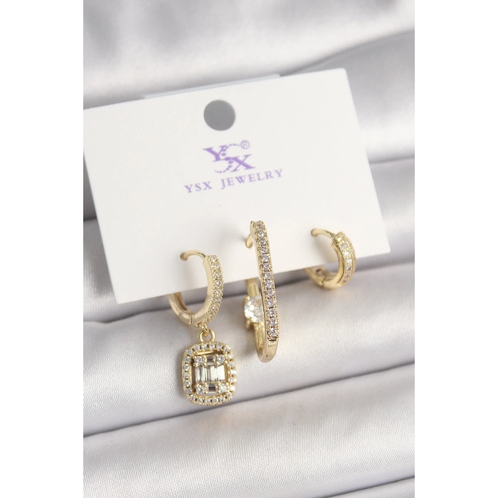 Pirinç Gold Renk Zirkon Taşlı Baget Halka Model 3Lü Kadın Kombin Küpe