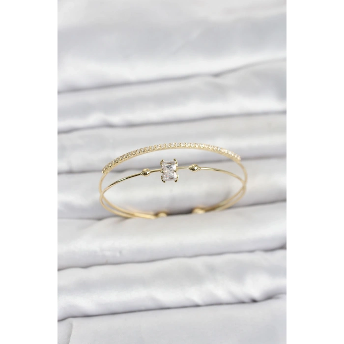 Pirinç Gold Renk Zirkon Taşlı Baget Model Kadın Bileklik