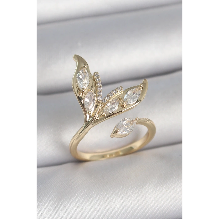 Pirinç Gold Renk Zirkon Taşlı Balık Kuyruğu Model Ayarlanabilir Model Kadın Yüzük