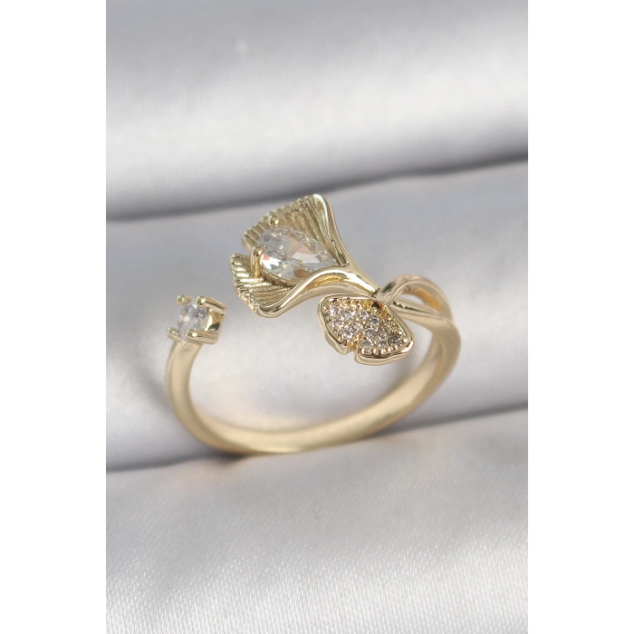 Pirinç Gold Renk Zirkon Taşlı Deniz Kabuğu Model Ayarlanabilir Kadın Yüzük