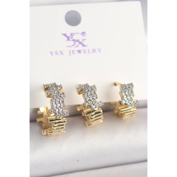 Pirinç Gold Renk Zirkon Taşlı Dorika Model 3Lü Kadın Kombin Küpe