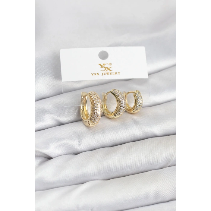 Pirinç Gold Renk Zirkon Taşlı Halka Model YSX Trio Küpe Seti