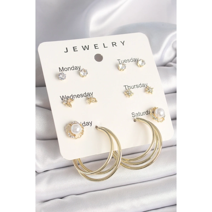 Pirinç Gold Renk Zirkon Taşlı İncili Halka Figür 7Li Set Model Kadın Küpe Seti