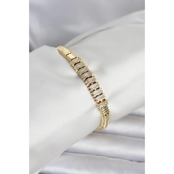 Pirinç Gold Renk Zirkon Taşlı Kadın Bileklik