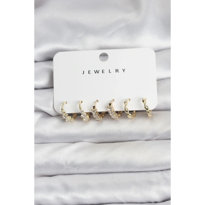 Pirinç Gold Renk Zirkon Taşlı Kadın Küpe Seti