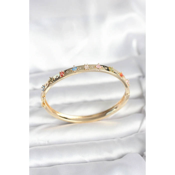 Pirinç Gold Renk Zirkon Taşlı Kelepçe Bileklik