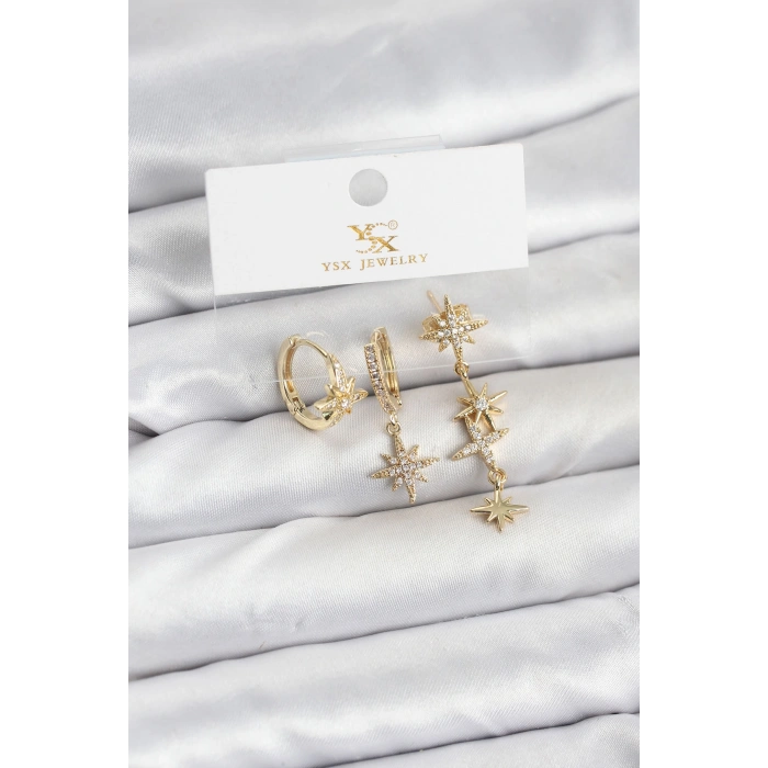 Pirinç Gold Renk Zirkon Taşlı Kutup Yıldızı Model YSX Trio Küpe Seti