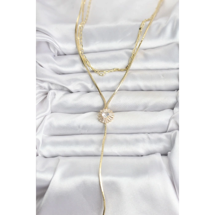 Pirinç Gold Renk Zirkon Taşlı Papatya Model Detaylı 3lü Kombin Y Kadın Kolye