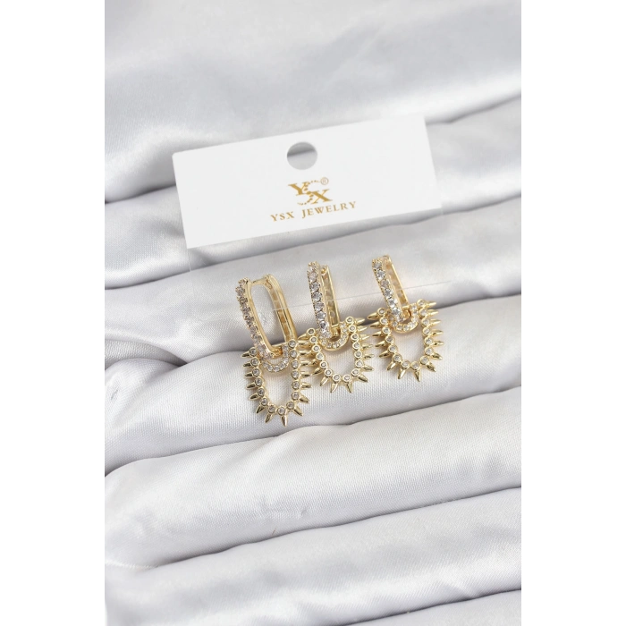 Pirinç Gold Renk Zirkon Taşlı Vintage Model YSX Trio Küpe Seti