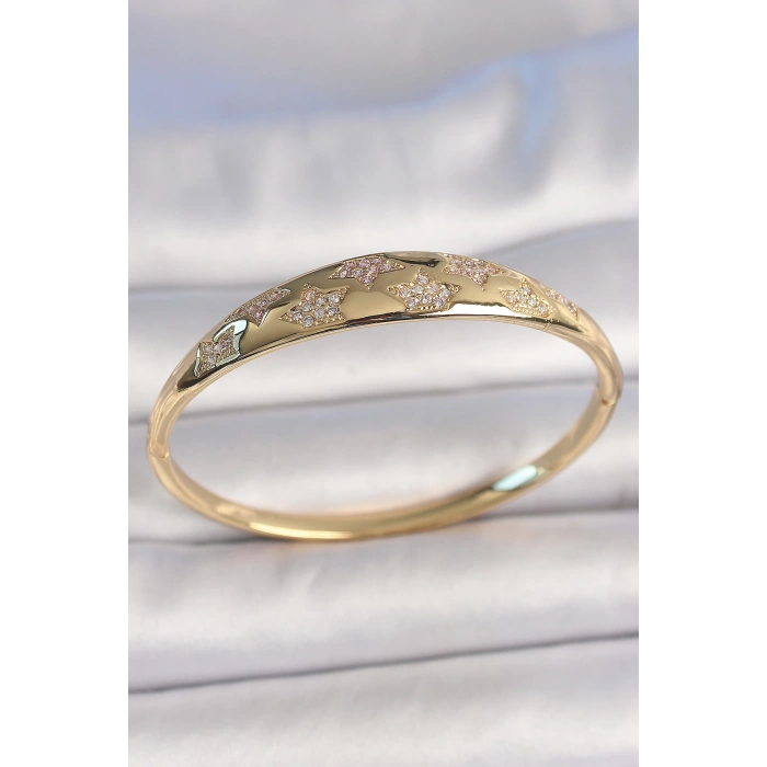 Pirinç Gold Renk Zirkon Taşlı Yıldız İşlemeli Kadın Kelepçe
