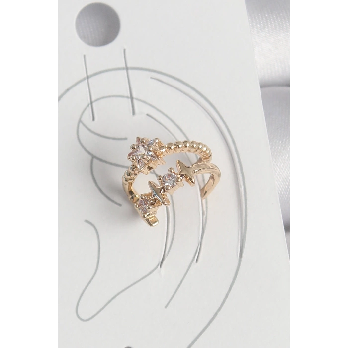 Pirinç Gold Renk Zirkon Taşlı Yıldız Model Kadın Kıkırdak Küpe