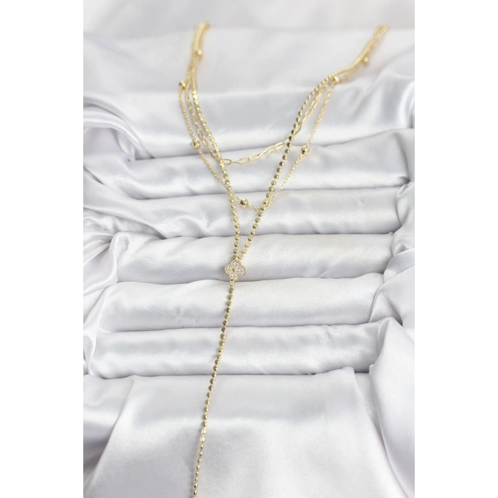 Pirinç Gold Renk Zirkon Taşlı Yonca Model Detaylı 3lü Kombin Y Kadın Kolye