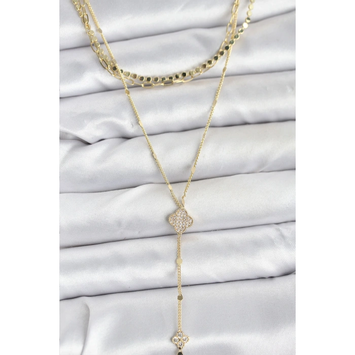 Pirinç Gold Renk Zirkon Taşlı Yoncalı Model Detaylı 3lü Kombin Y Kadın Kolye