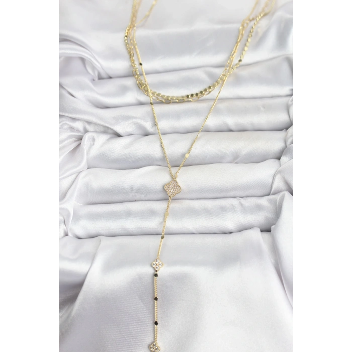 Pirinç Gold Renk Zirkon Taşlı Yoncalı Model Detaylı 3lü Kombin Y Kadın Kolye