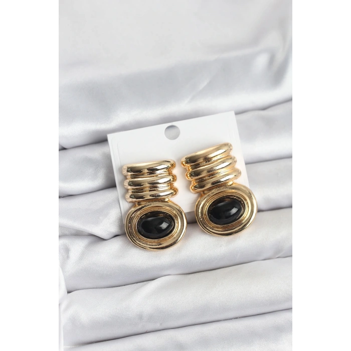 Pirinç Gold Siyah Renk Vintage Kadın Küpe