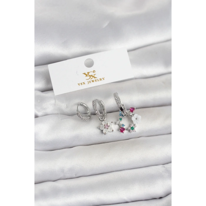 Pirinç Gümüş Renk Çiçek Model 3lü Kadın Küpe