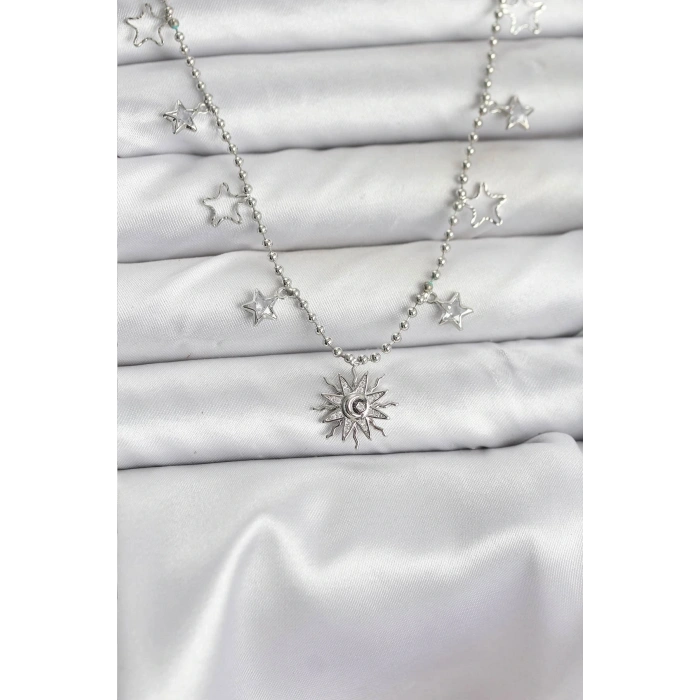 Pirinç Gümüş Renk Güneş Model Kadın Kolye