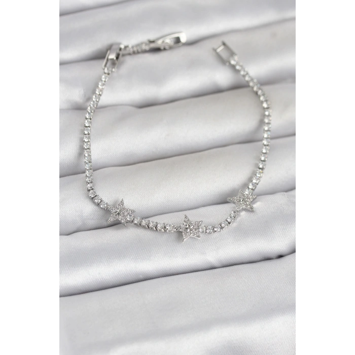 Pirinç Gümüş Renk Minimal Yıldız Model Zirkon Taşlı Su Yolu Kadın Bileklik