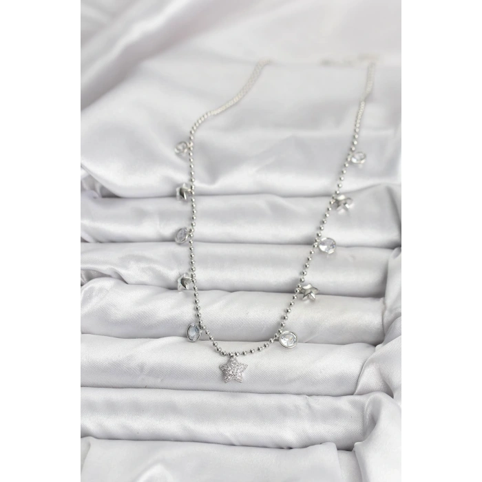 Pirinç Gümüş Renk Yıldız Model Kadın Kolye