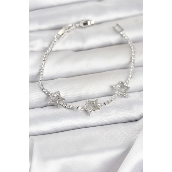 Pirinç Gümüş Renk Yıldız Model Zirkon Taşlı Su Yolu Kadın Bileklik