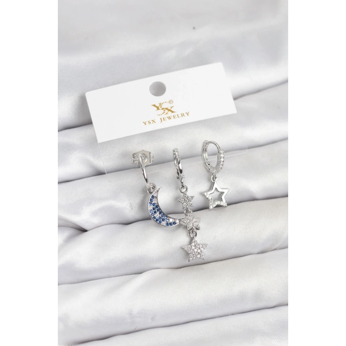 Pirinç Gümüş Renk Zirkon Taşlı Ay ve Yıldız Model YSX Trio Küpe Seti