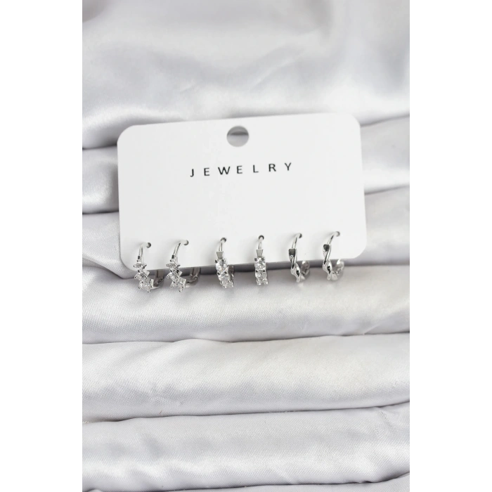 Pirinç Gümüş Renk Zirkon Taşlı Kadın Küpe Seti