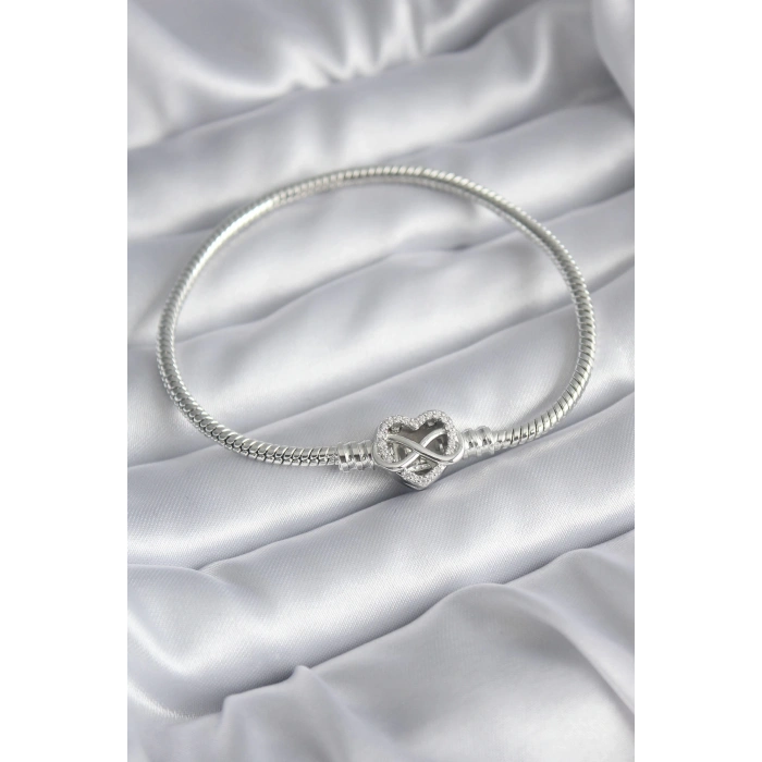 Pirinç Gümüş Renk Zirkon Taşlı Kalp Sonsuzluk Model Charm Kadın Bileklik