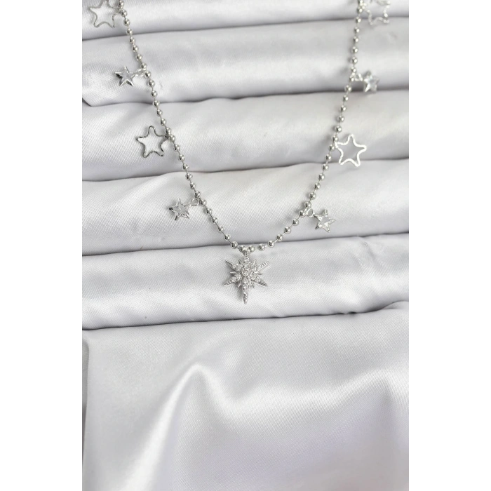 Pirinç Gümüş Renk Zirkon Taşlı Kutup Yıldızı Model Kadın Kolye