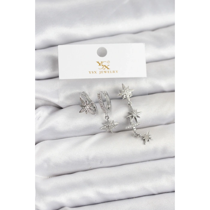Pirinç Gümüş Renk Zirkon Taşlı Kutup Yıldızı Model YSX Trio Küpe Seti