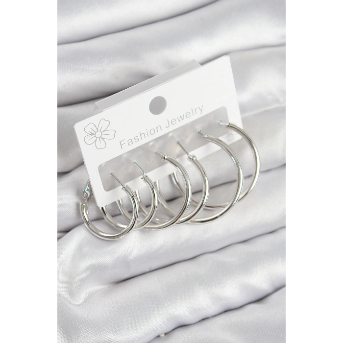 Pirinç Halka Model Gümüş Renk Kadın Set Küpe