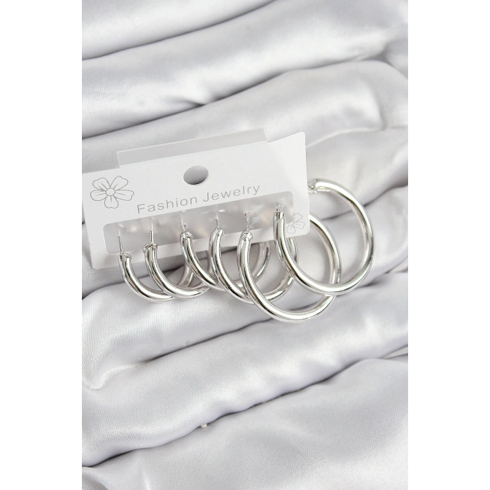 Pirinç Halka Model Gümüş Renk Kadın Set Küpe