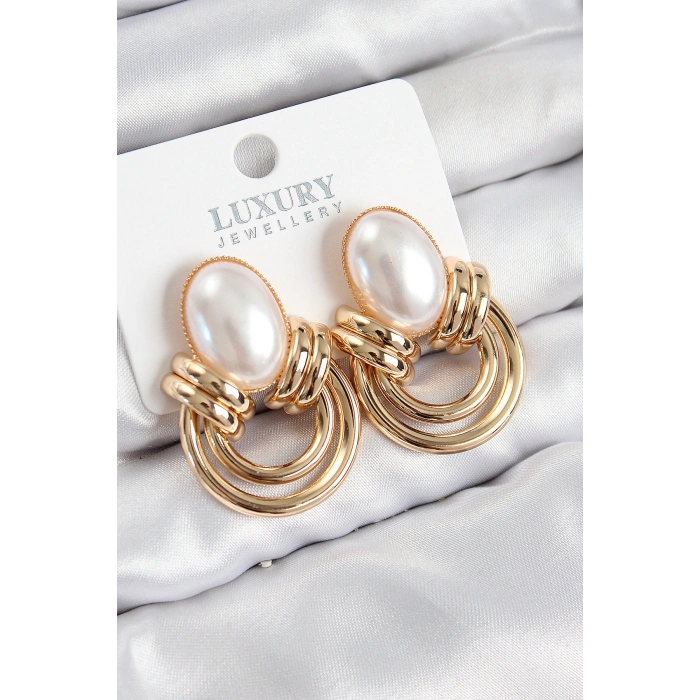 Pirinç İnci Detaylı Vintage Model Gold Renk Kadın Küpe