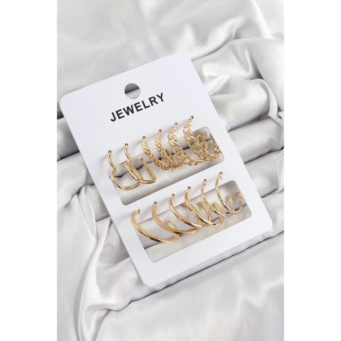 Pirinç Karışık Halka Model Gold Renk 6 Çift Kadın Küpe Set