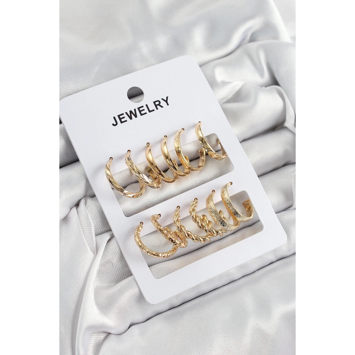 Pirinç Karışık Halka Model Gold Renk 6 Çift Kadın Küpe Set