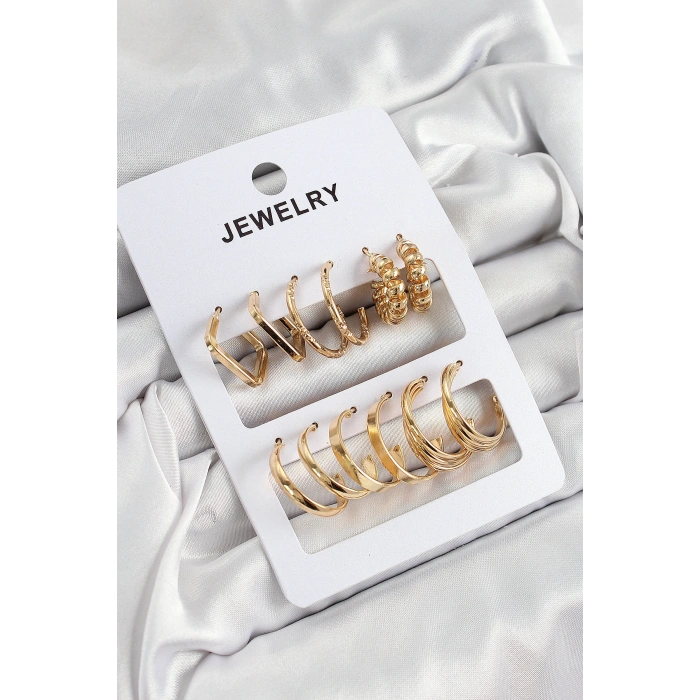 Pirinç Karışık Halka Model Gold Renk 6 Çift Kadın Küpe Set