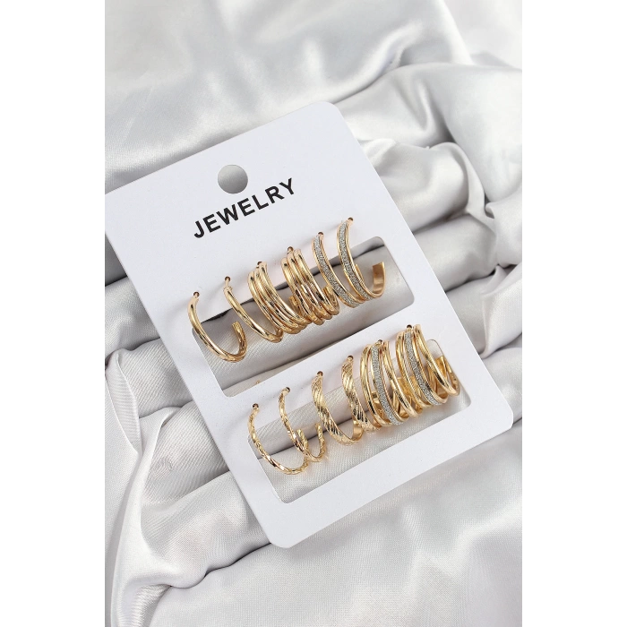 Pirinç Karışık Halka Model Gold Renk 6 Çift Kadın Küpe Set