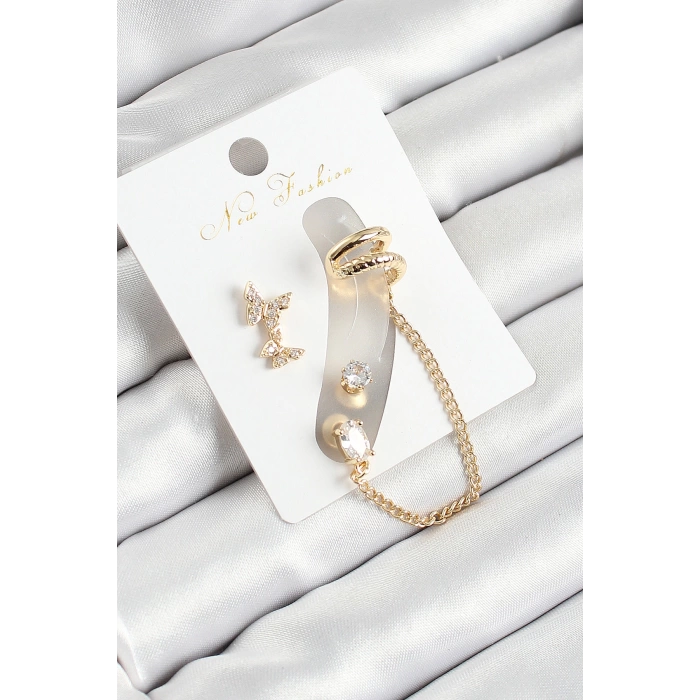 Pirinç Kelebek Figürlü Zirkon Taşlı Gold Renk 3lü Kıkırdak Kadın Küpe Set