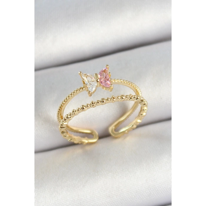 Pirinç Kelebek Figürlü Zirkon Taşlı Gold Renk Ayarlanabilir Kadın Yüzük