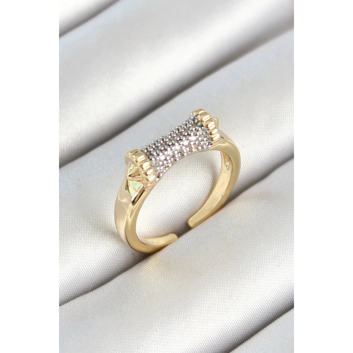 Pirinç Makara Figürlü Zirkon Taşlı Gold Renk Ayarlanabilir Kadın Yüzük